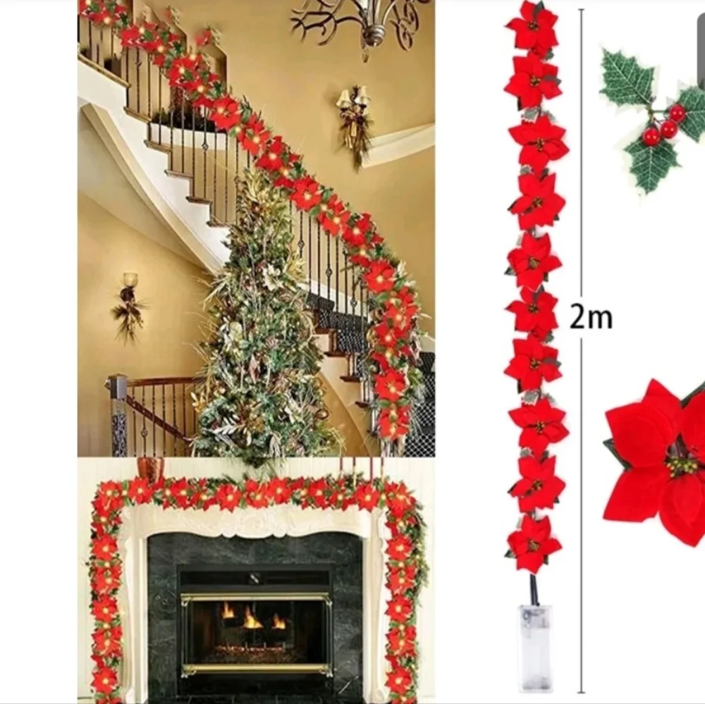 New LED Christmas Poinsettia Flower Decor Garland String of Lights